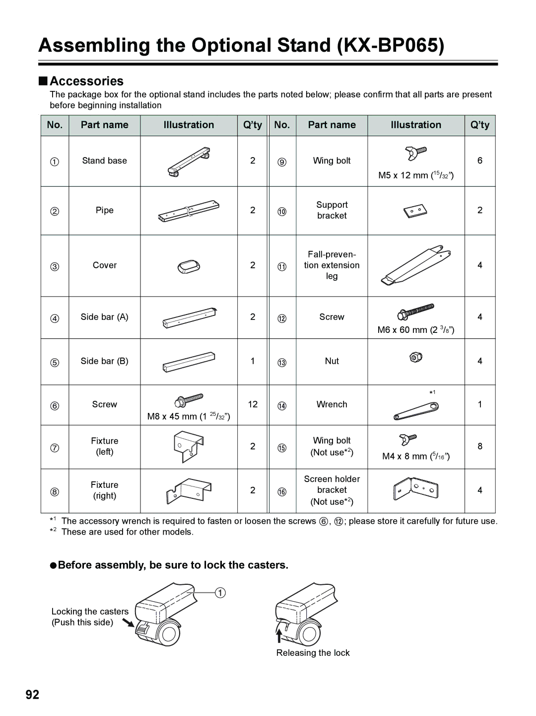 Panasonic UB-8325 Assembling the Optional Stand KX-BP065, Before assembly, be sure to lock the casters 