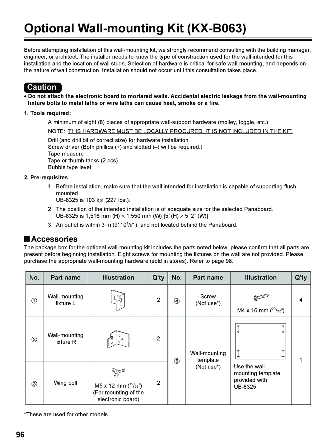 Panasonic UB-8325 operating instructions Optional Wall-mounting Kit KX-B063, Pre-requisites 