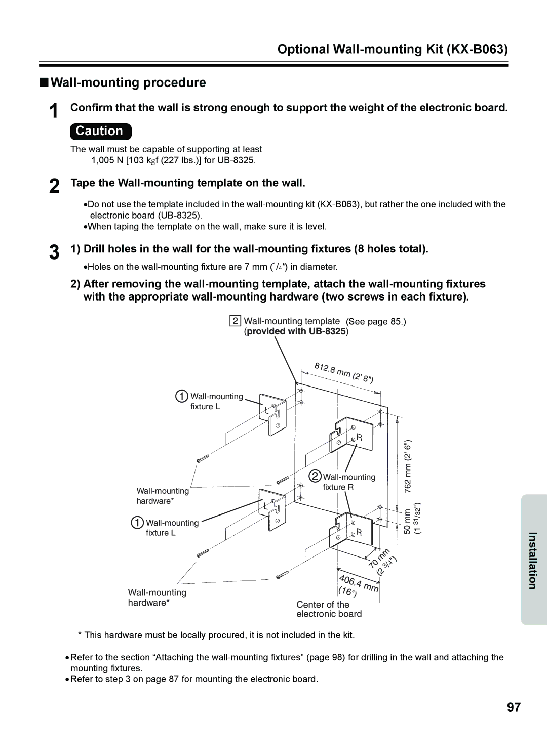 Panasonic UB-8325 Optional Wall-mounting Kit KX-B063 Wall-mounting procedure, Tape the Wall-mounting template on the wall 