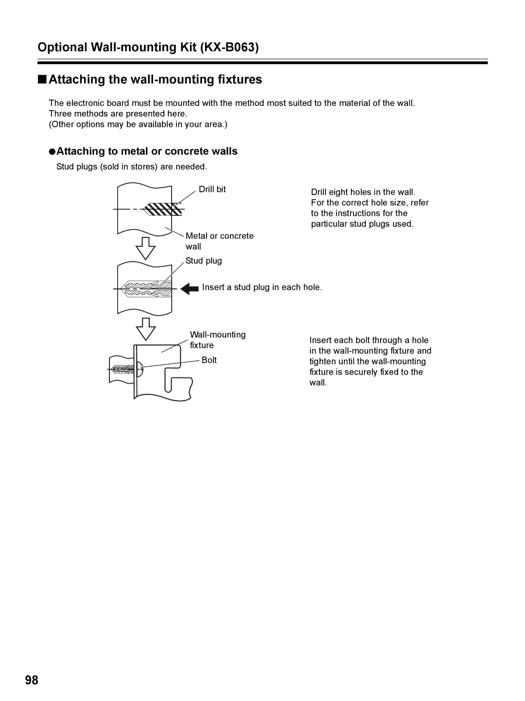 Panasonic UB-8325 operating instructions Attaching to metal or concrete walls 