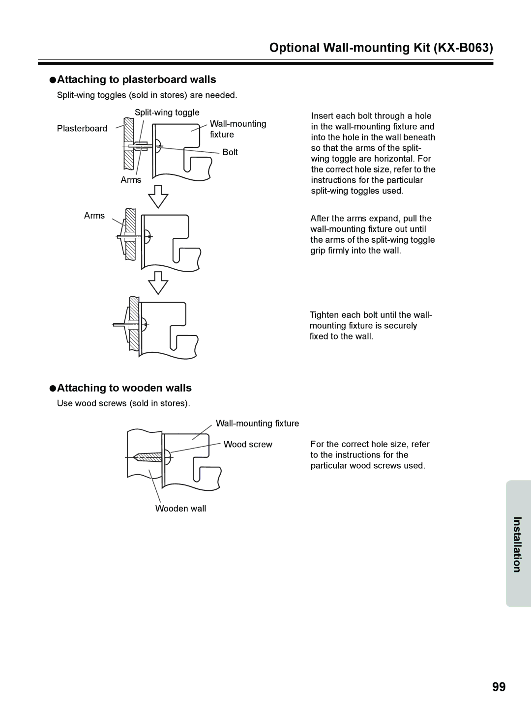 Panasonic UB-8325 Optional Wall-mounting Kit KX-B063, Attaching to plasterboard walls, Attaching to wooden walls 