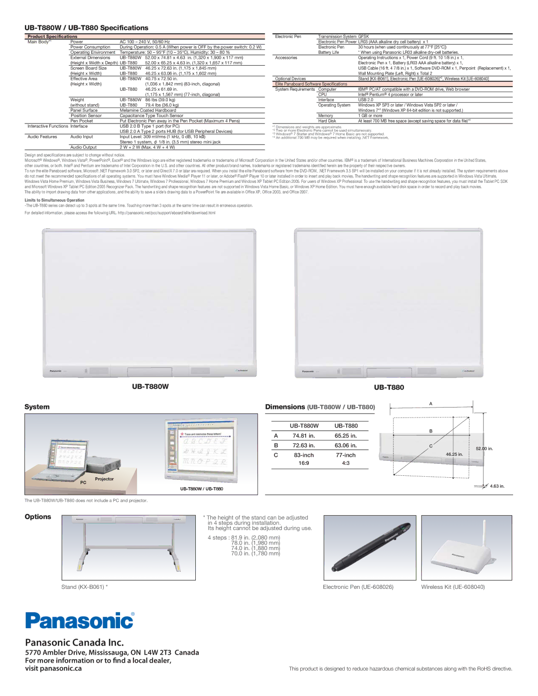 Panasonic manual UB-T880W / UB-T880 Specifications, System UB-T880W, Options, Visit panasonic.ca 