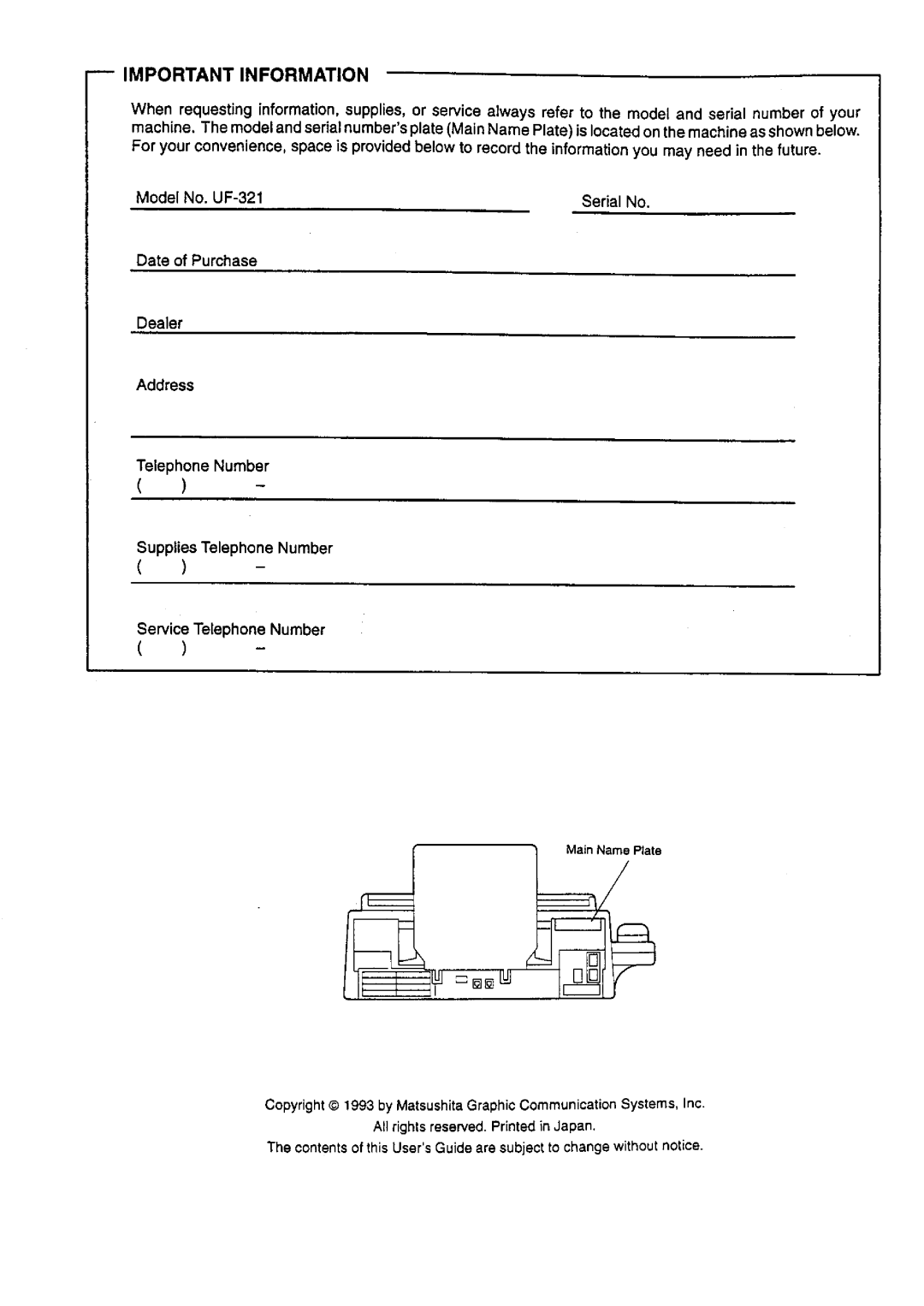 Panasonic UF-321 manual 