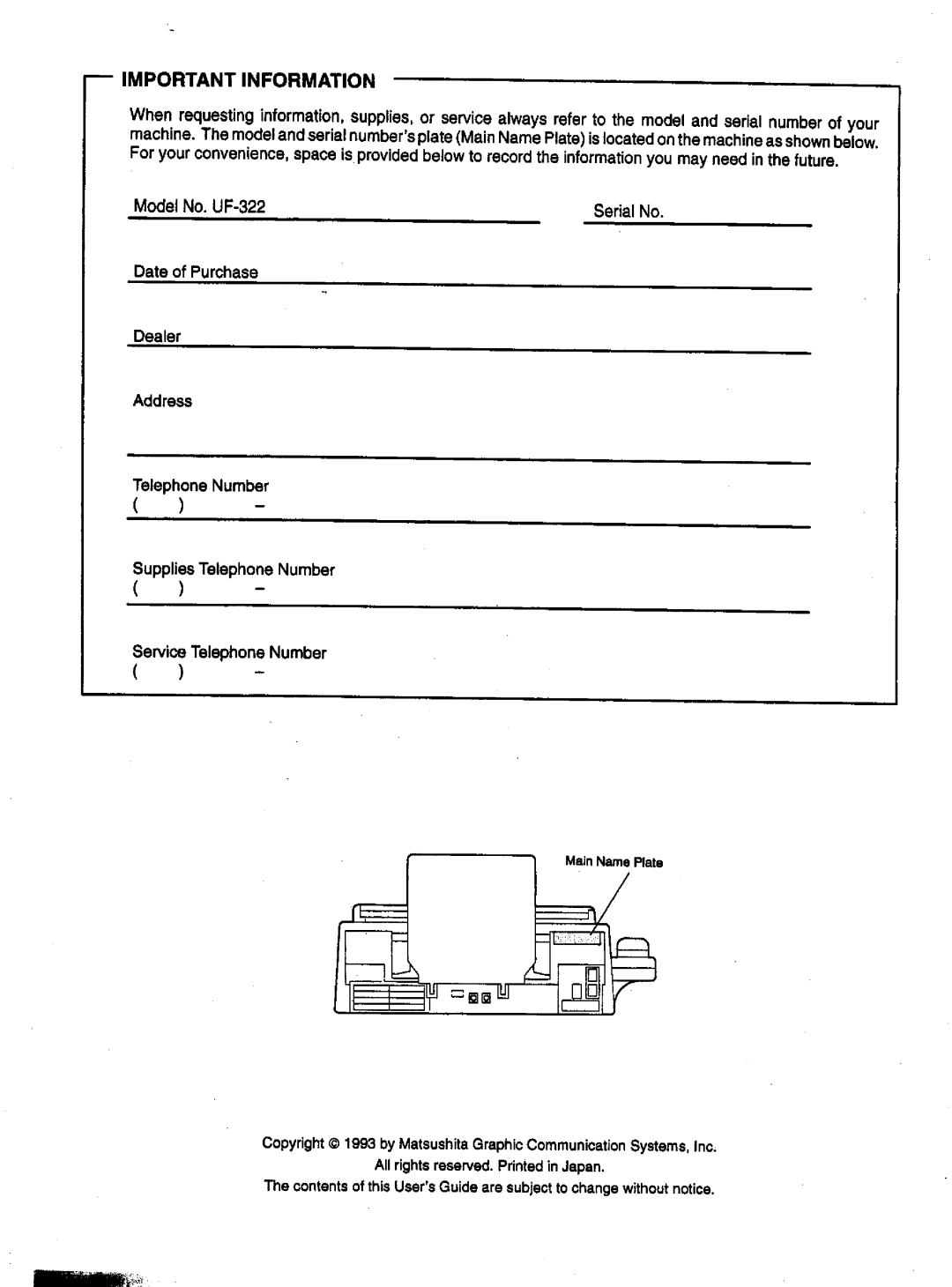 Panasonic UF-322 manual 