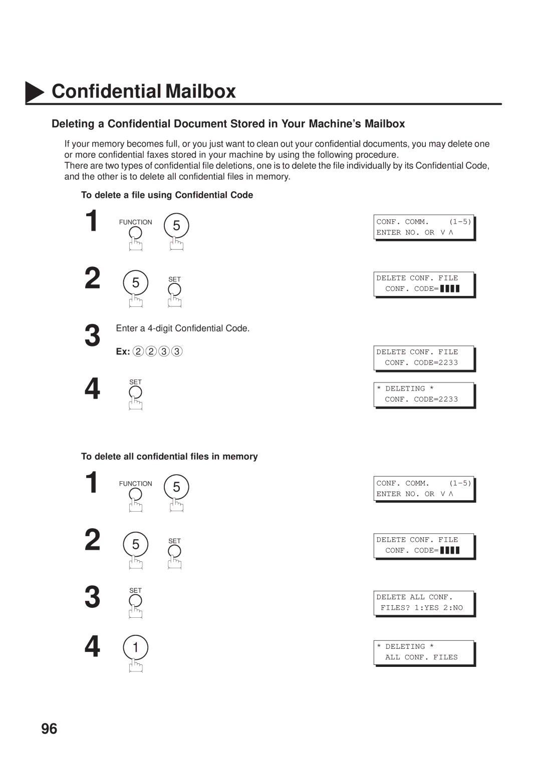 Panasonic UF-333 manual To delete a file using Confidential Code, To delete all confidential files in memory 