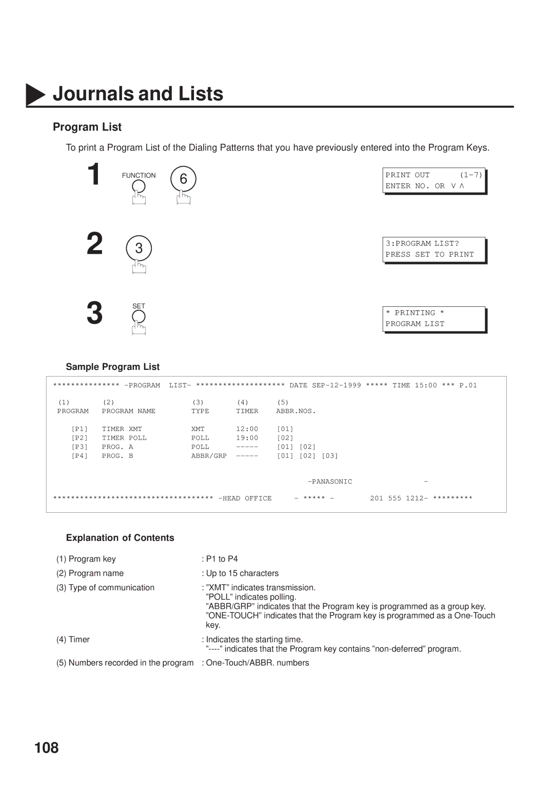 Panasonic UF-333 manual Sample Program List 