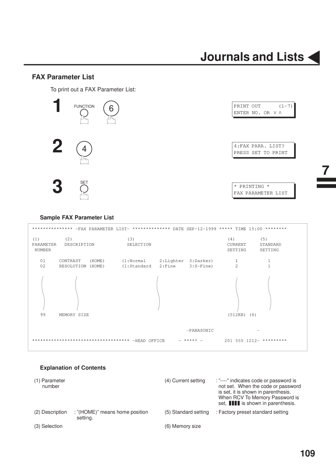 Panasonic UF-333 manual To print out a FAX Parameter List, Sample FAX Parameter List 