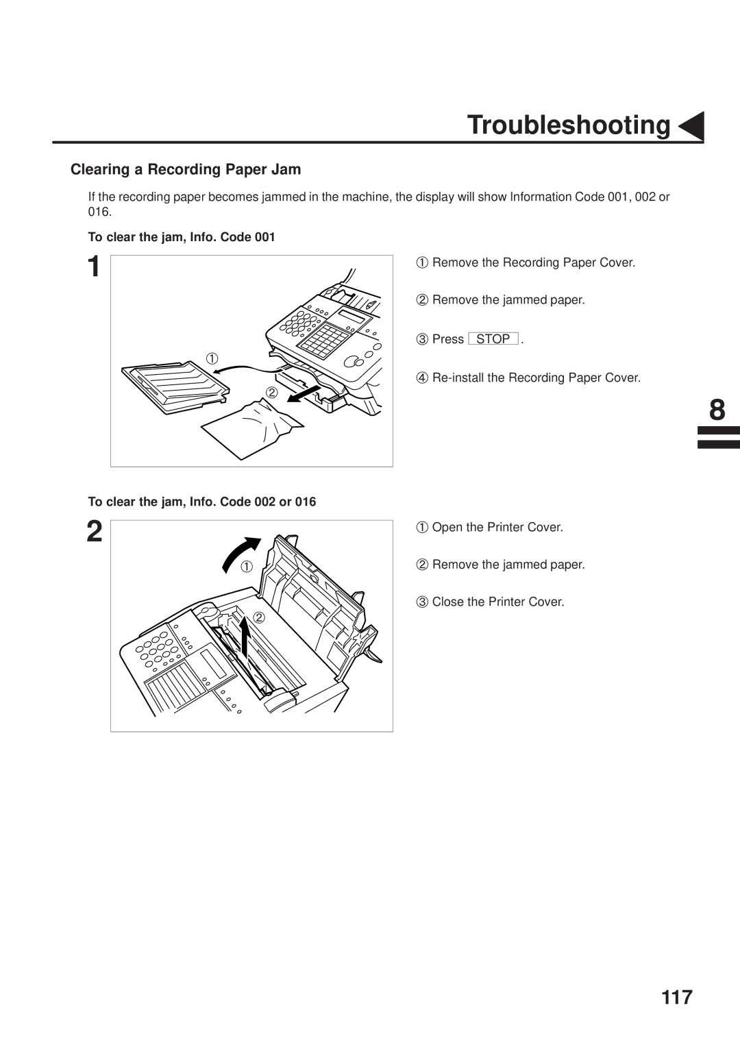 Panasonic UF-333 manual Clearing a Recording Paper Jam, To clear the jam, Info. Code 002 or 