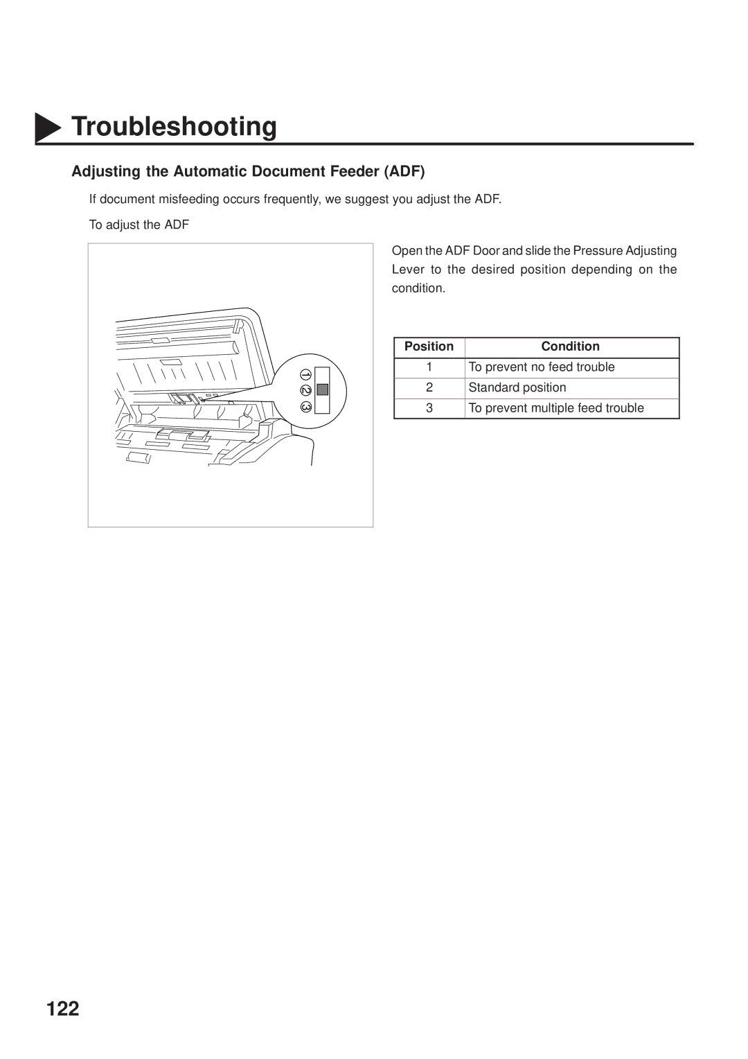 Panasonic UF-333 manual Adjusting the Automatic Document Feeder ADF, Position Condition, To prevent no feed trouble 