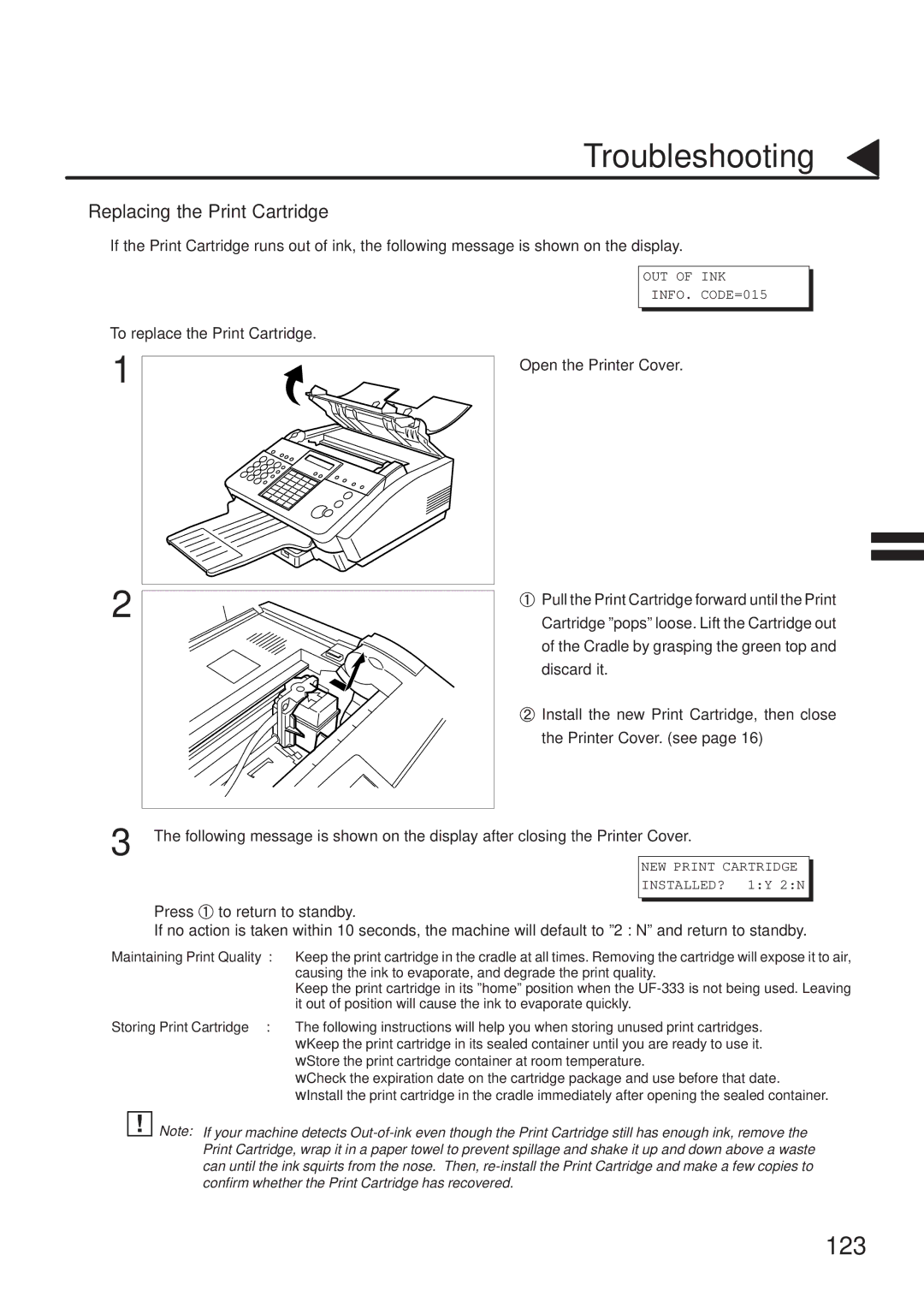 Panasonic UF-333 manual Replacing the Print Cartridge 