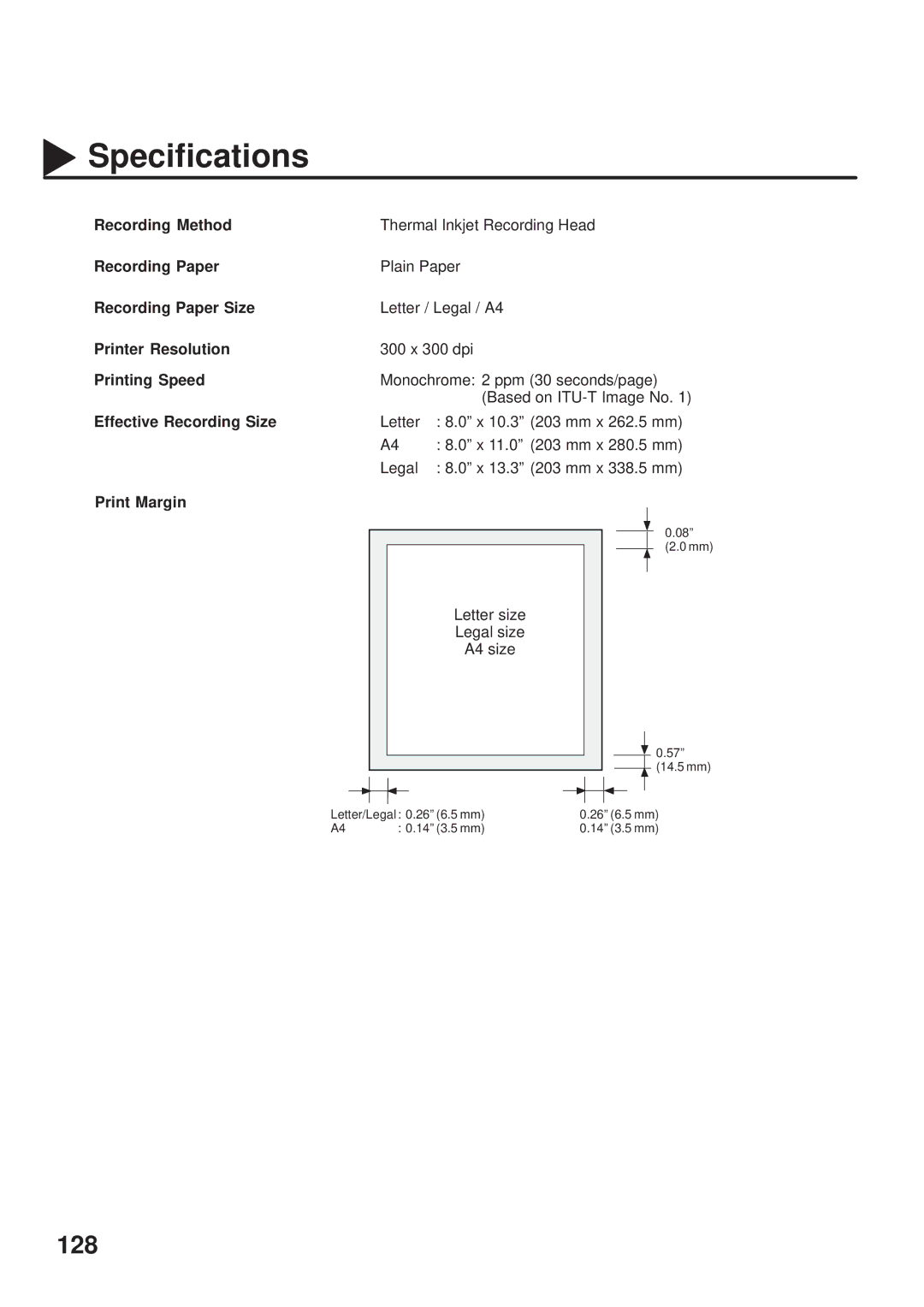 Panasonic UF-333 Recording Method, Recording Paper Size, Printer Resolution, Printing Speed, Effective Recording Size 