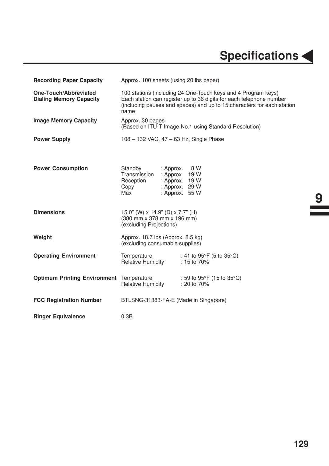 Panasonic UF-333 Recording Paper Capacity, One-Touch/Abbreviated, Dialing Memory Capacity, Image Memory Capacity, Weight 