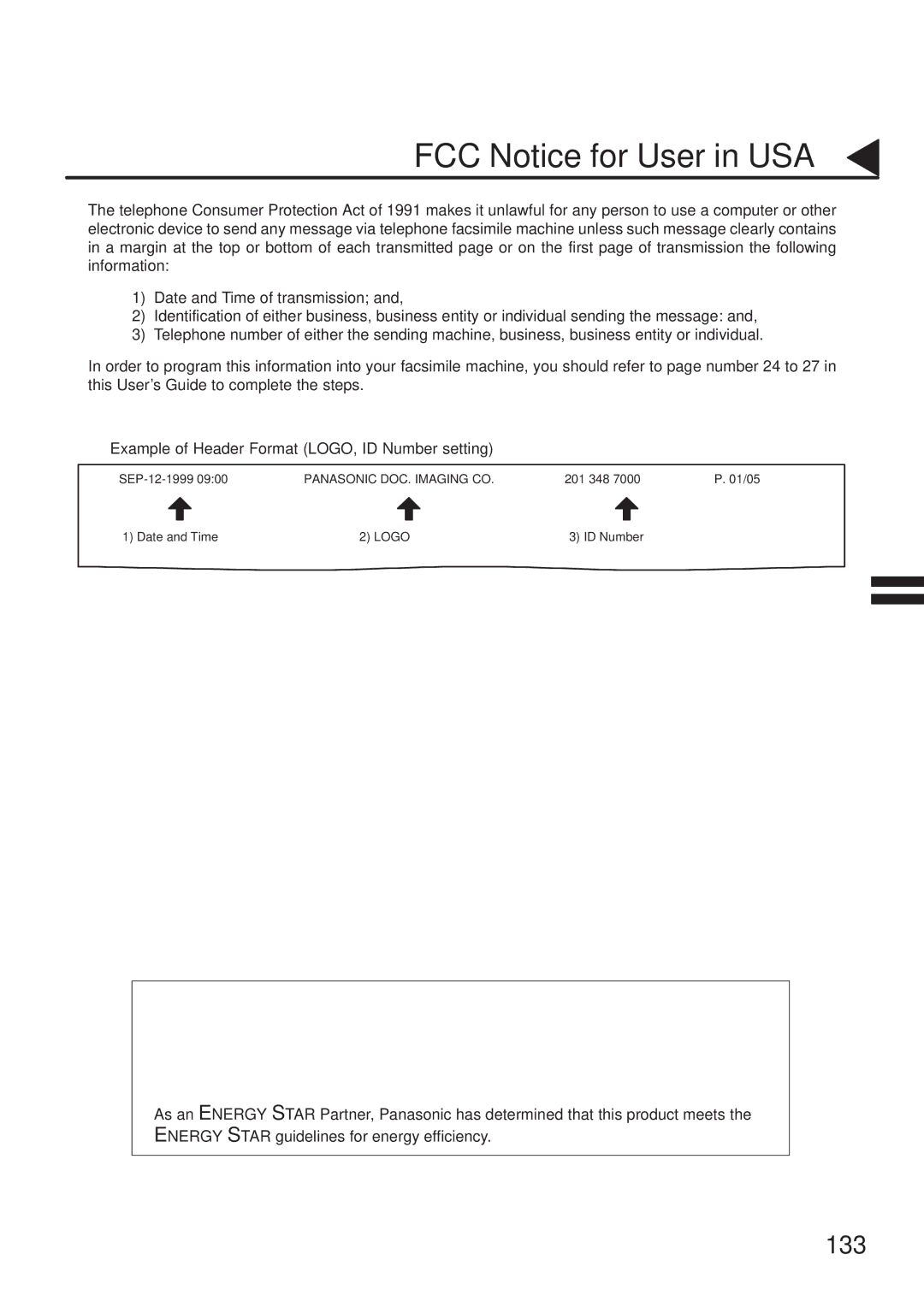 Panasonic UF-333 manual 133, Example of Header Format LOGO, ID Number setting 