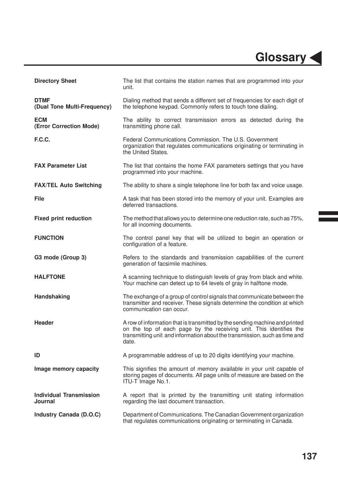 Panasonic UF-333 Directory Sheet, Dual Tone Multi-Frequency, Error Correction Mode, FAX Parameter List, File, Handshaking 