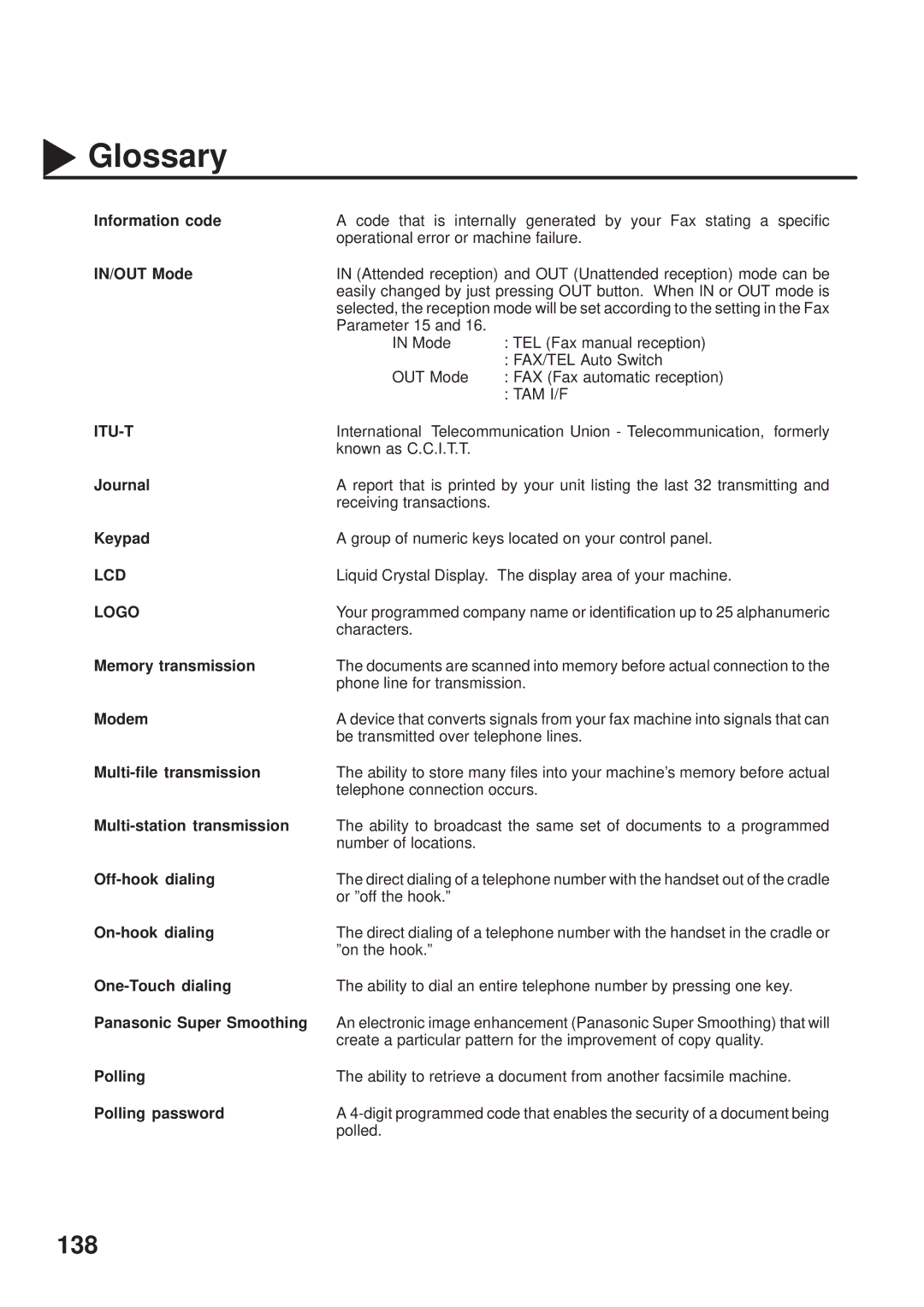 Panasonic UF-333 manual Information code, IN/OUT Mode, Keypad, Memory transmission, Modem, Multi-file transmission, Polling 