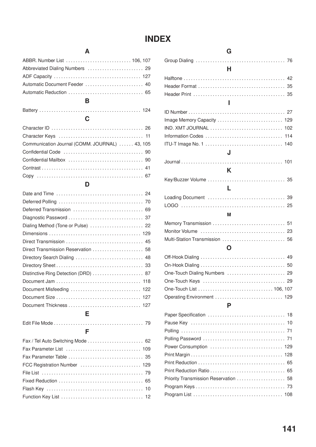 Panasonic UF-333 manual Index 