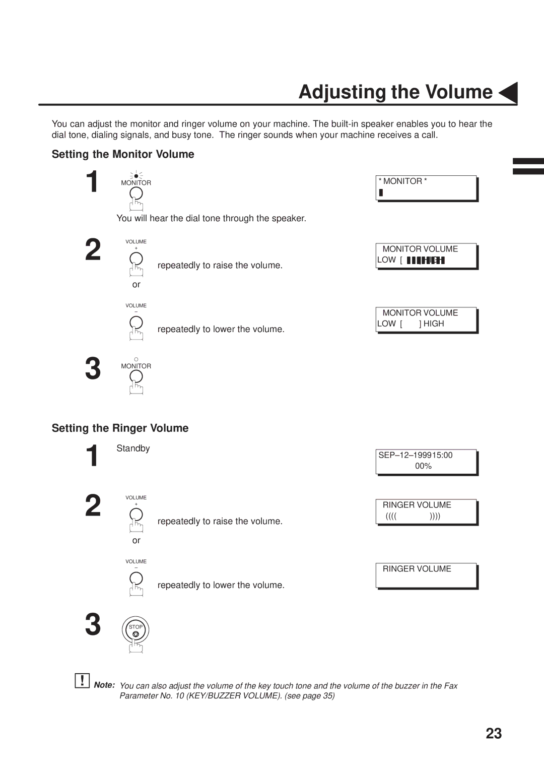 Panasonic UF-333 manual Adjusting the Volume, Setting the Monitor Volume, Setting the Ringer Volume 