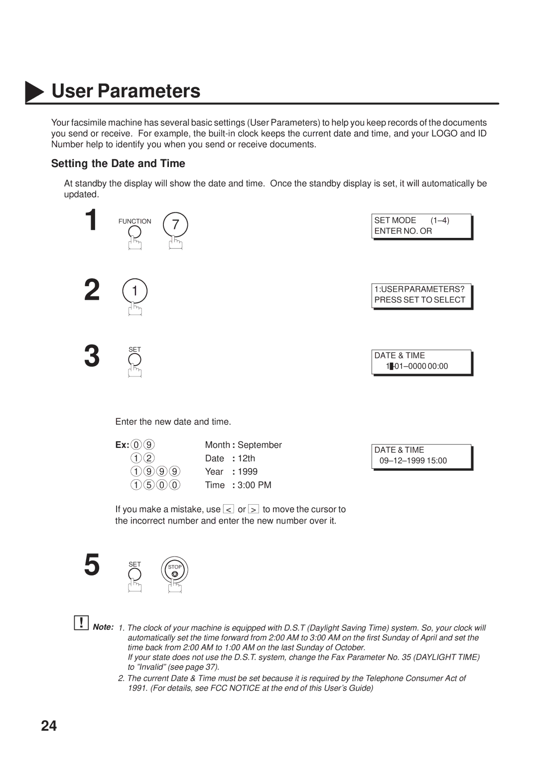 Panasonic UF-333 manual User Parameters, Setting the Date and Time 