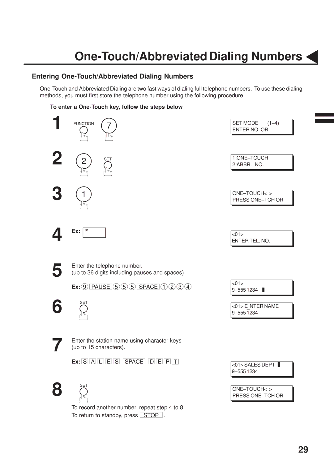 Panasonic UF-333 Entering One-Touch/Abbreviated Dialing Numbers, To enter a One-Touch key, follow the steps below 