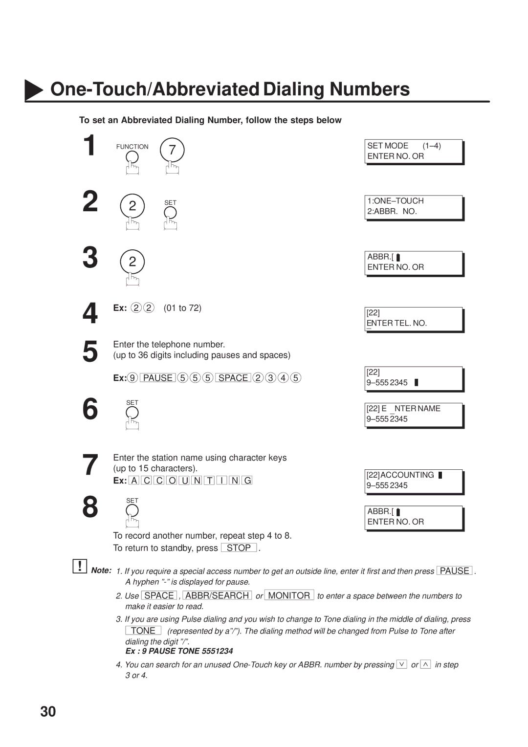 Panasonic UF-333 manual To set an Abbreviated Dialing Number, follow the steps below, Up to 15 characters Ex a C C O U N 