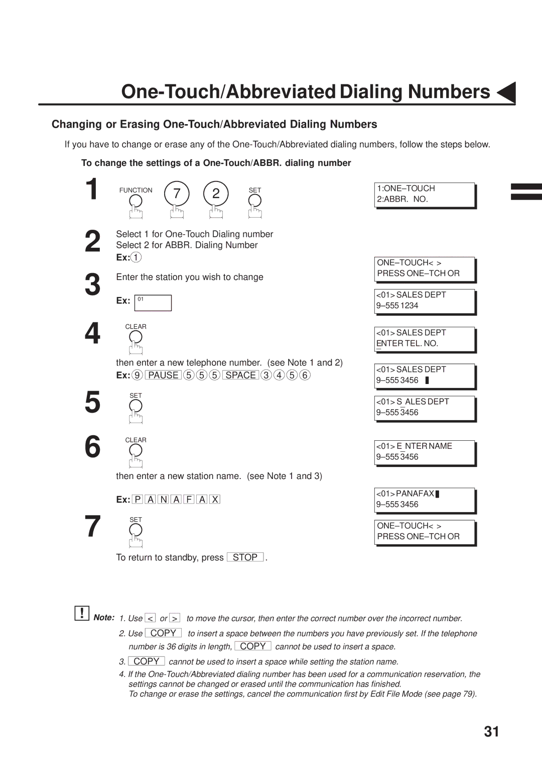 Panasonic UF-333 manual Changing or Erasing One-Touch/Abbreviated Dialing Numbers 