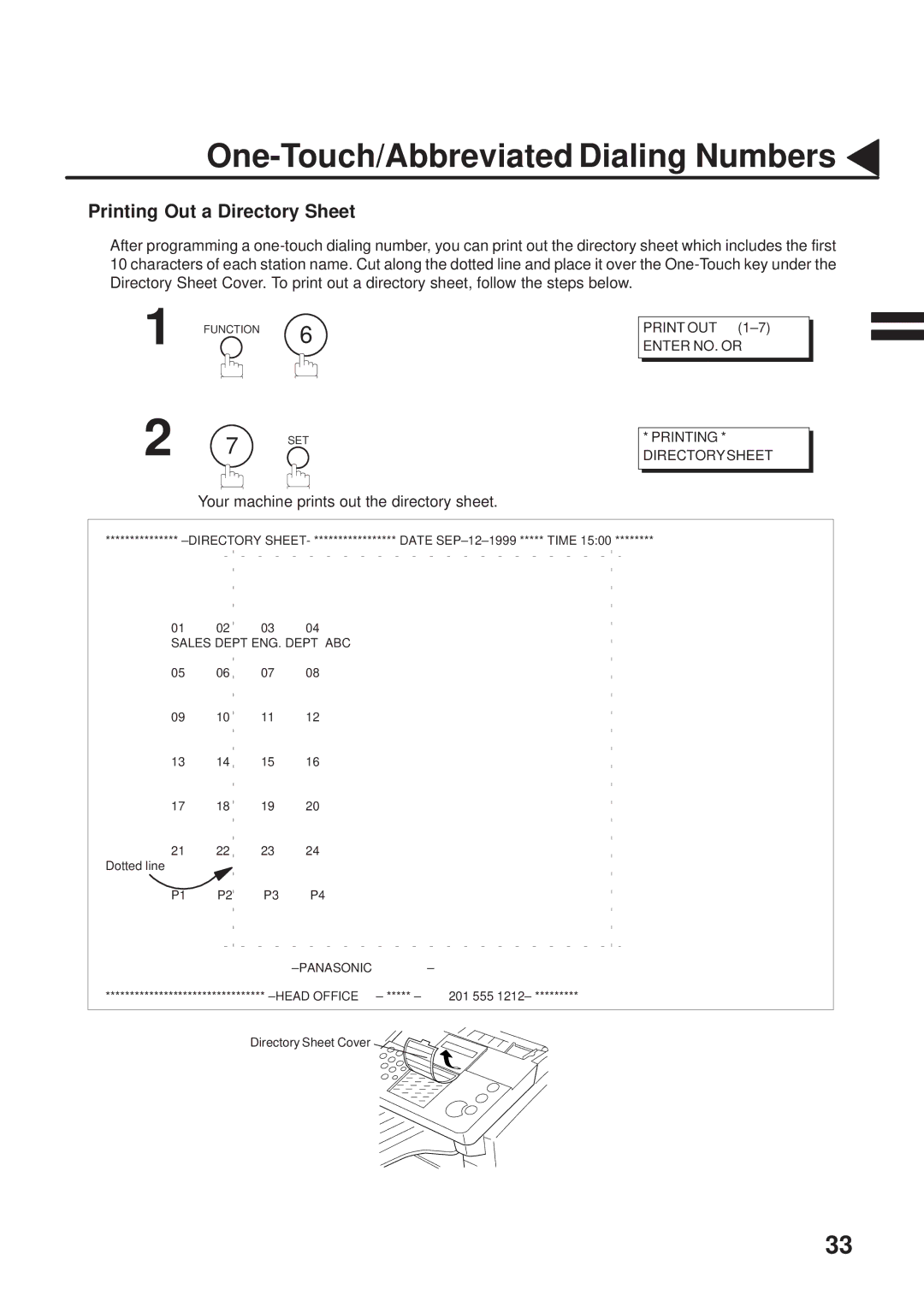 Panasonic UF-333 manual Printing Out a Directory Sheet, Your machine prints out the directory sheet 