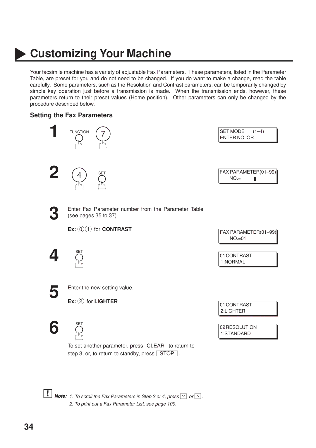 Panasonic UF-333 Customizing Your Machine, Setting the Fax Parameters, Ex 0 1 for Contrast, Enter the new setting value 