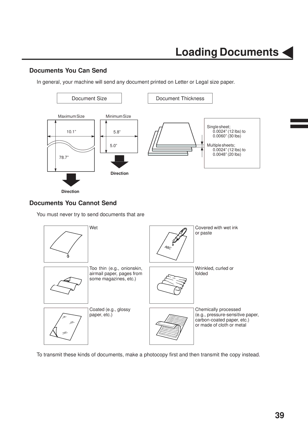 Panasonic UF-333 manual Loading Documents, Documents You Can Send, Documents You Cannot Send 