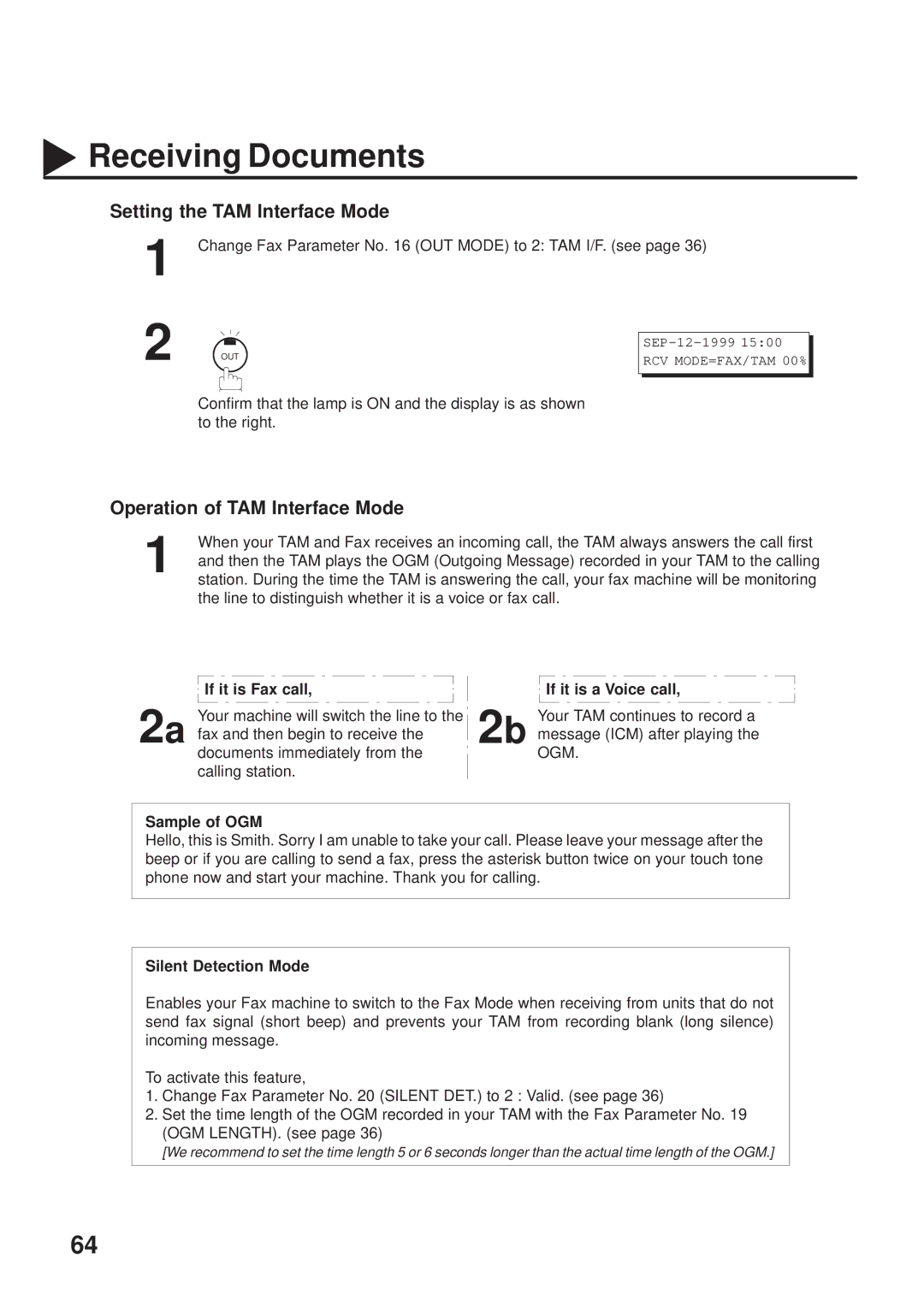 Panasonic UF-333 Setting the TAM Interface Mode, Operation of TAM Interface Mode, If it is Fax call If it is a Voice call 