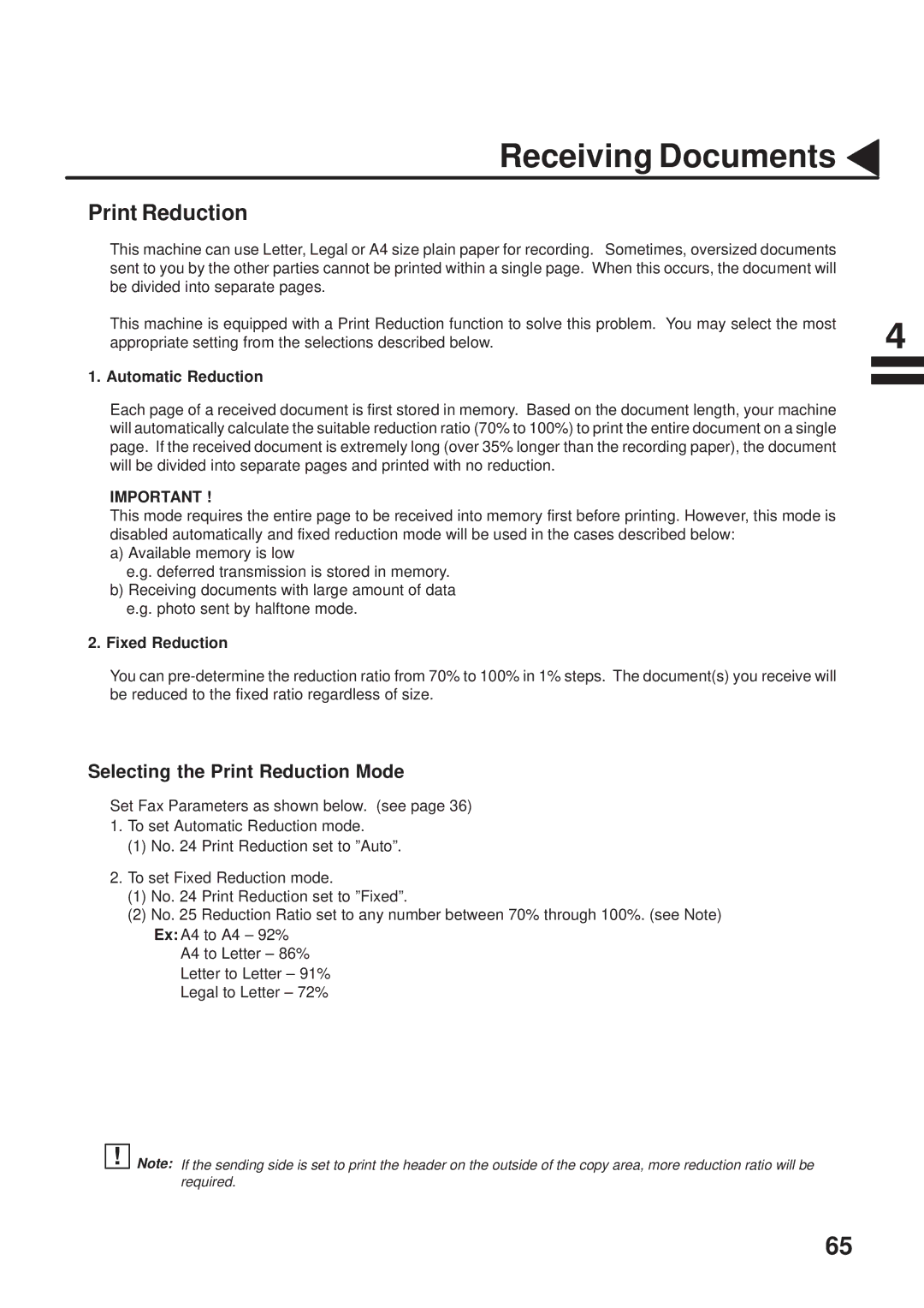 Panasonic UF-333 manual Selecting the Print Reduction Mode, Automatic Reduction, Fixed Reduction 