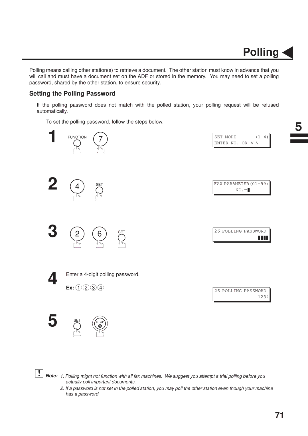 Panasonic UF-333 manual Setting the Polling Password, Enter a 4-digit polling password Ex 1 2 3 