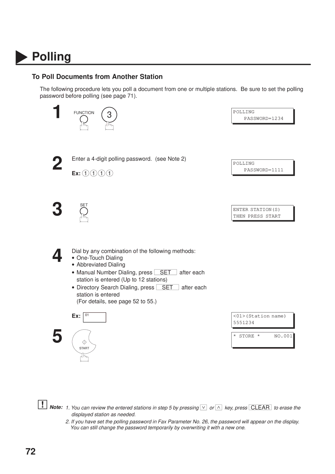 Panasonic UF-333 manual Enter a 4-digit polling password. see Note Ex 1 1 1, Polling 