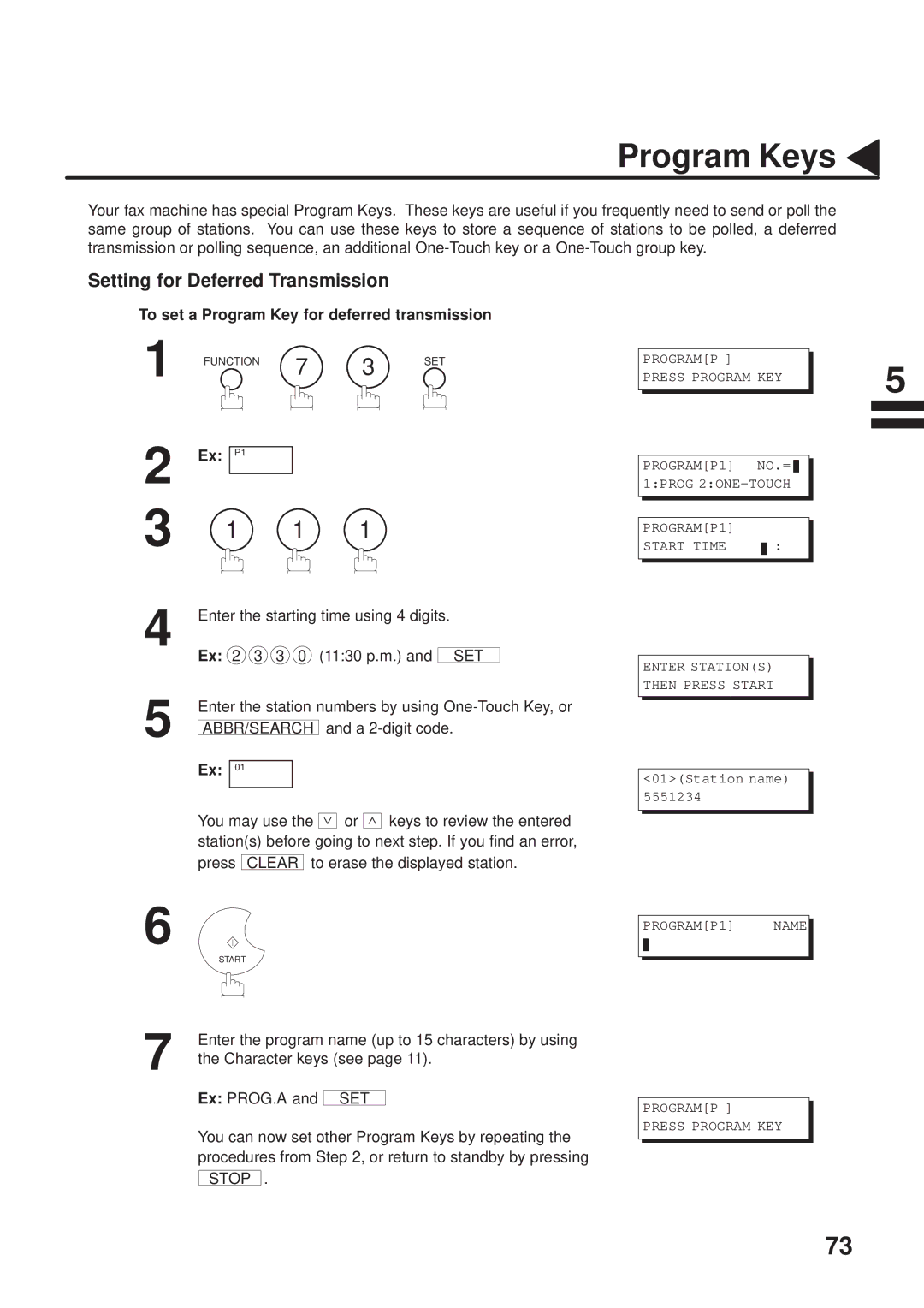 Panasonic UF-333 Program Keys, Setting for Deferred Transmission, To set a Program Key for deferred transmission, Ex P1 