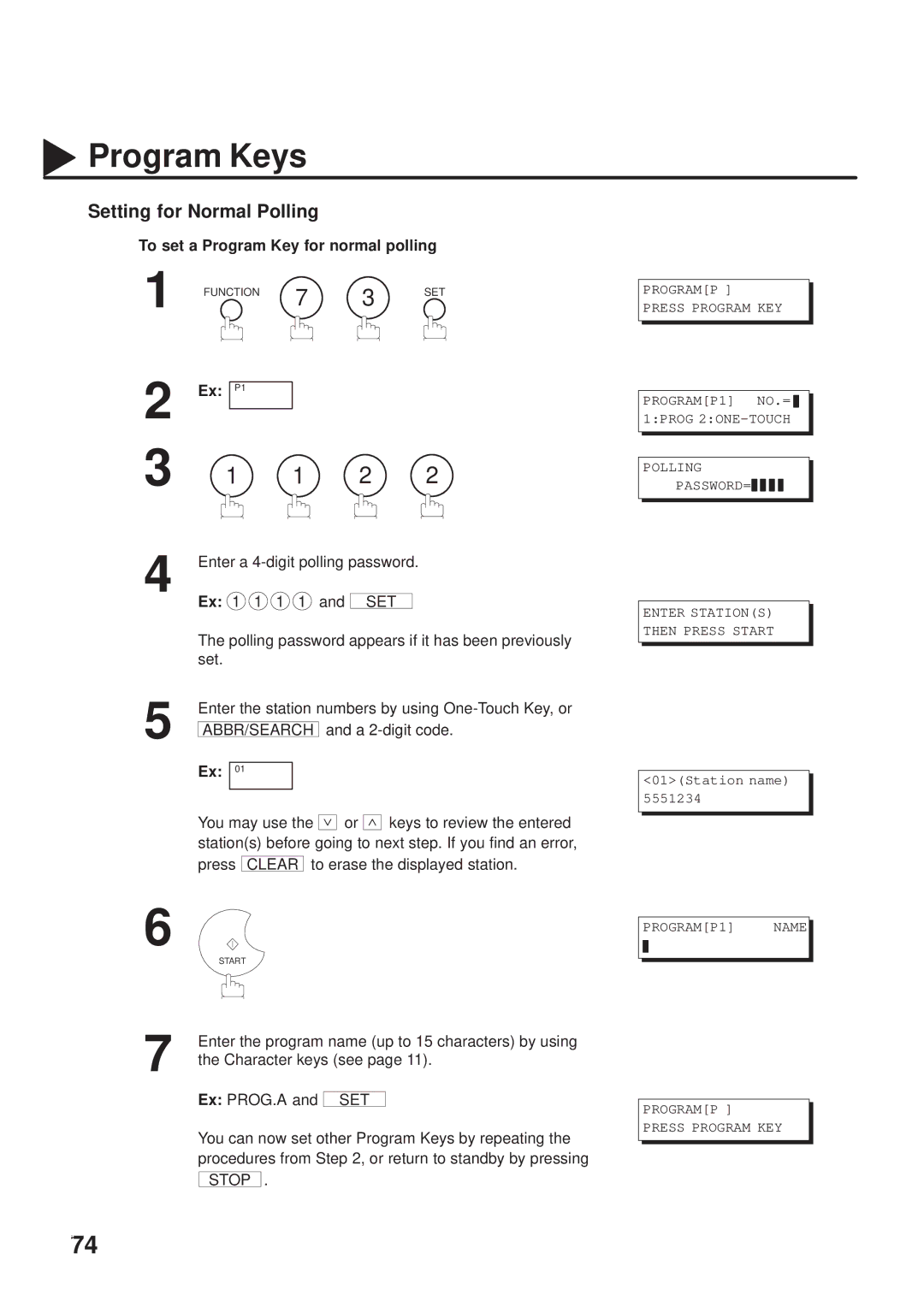 Panasonic UF-333 manual Setting for Normal Polling, To set a Program Key for normal polling, Character keys see 