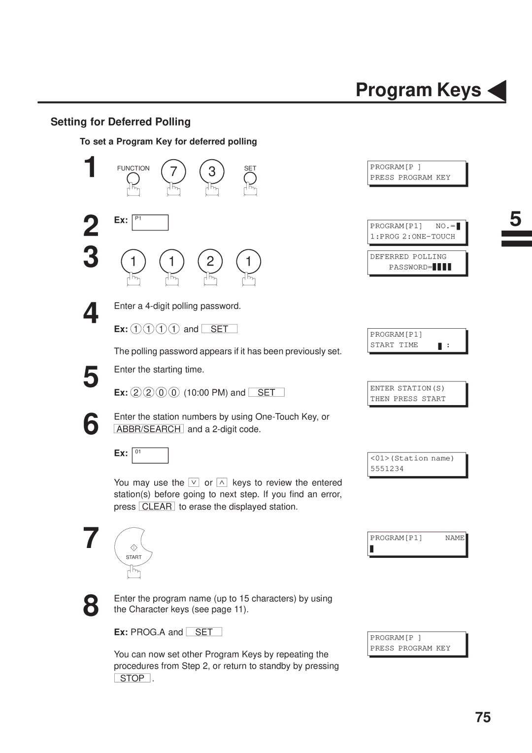 Panasonic UF-333 manual Setting for Deferred Polling, To set a Program Key for deferred polling 