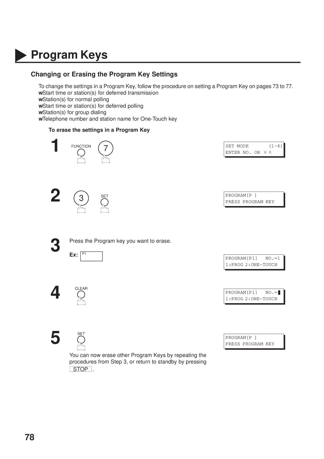 Panasonic UF-333 manual Changing or Erasing the Program Key Settings, To erase the settings in a Program Key 