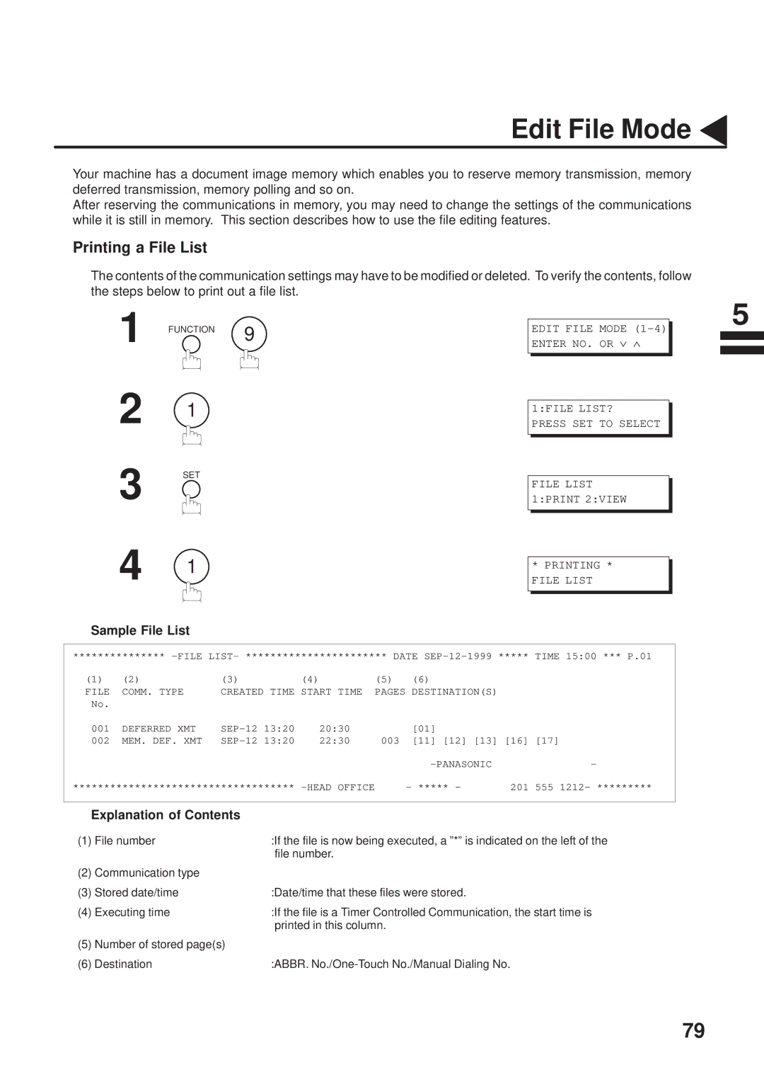 Panasonic UF-333 manual Edit File Mode, Printing a File List, Sample File List, Explanation of Contents 