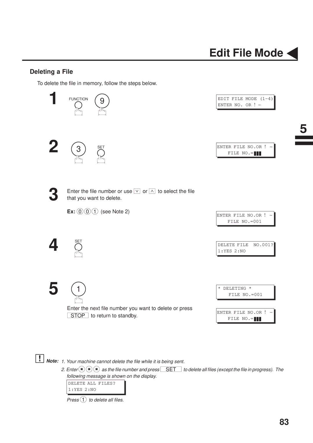 Panasonic UF-333 manual Deleting a File, To delete the file in memory, follow the steps below, Stop to return to standby 