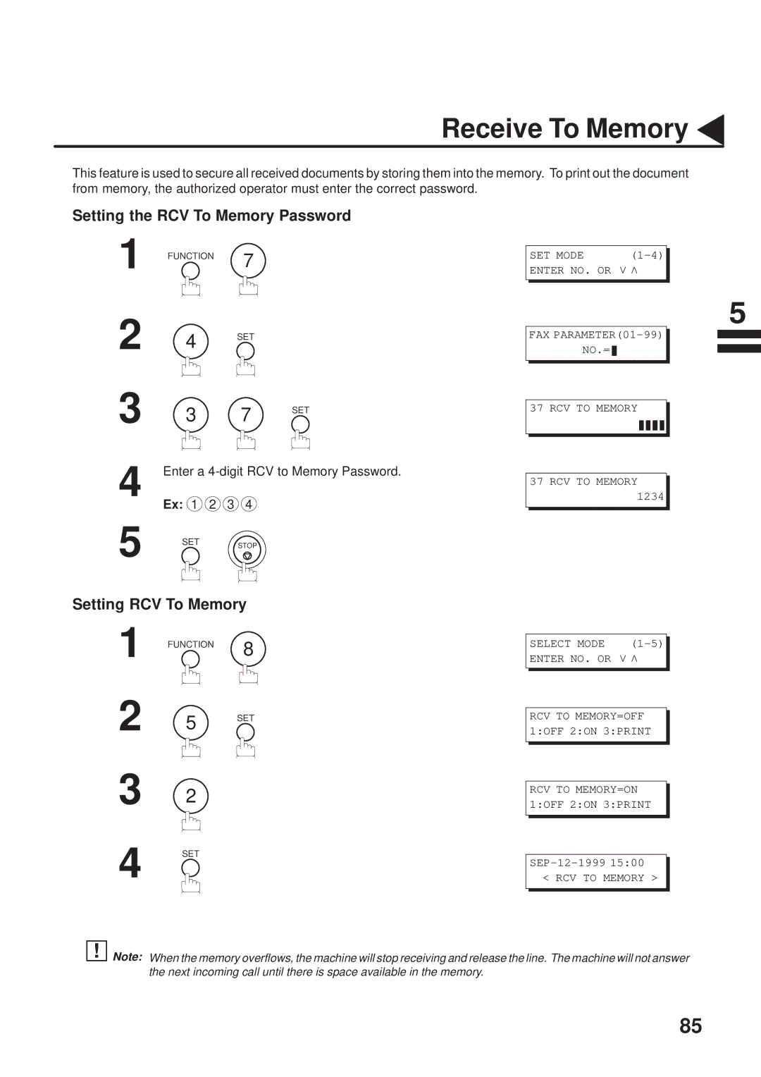 Panasonic UF-333 manual Receive To Memory, Setting the RCV To Memory Password, Setting RCV To Memory, Ex 1 