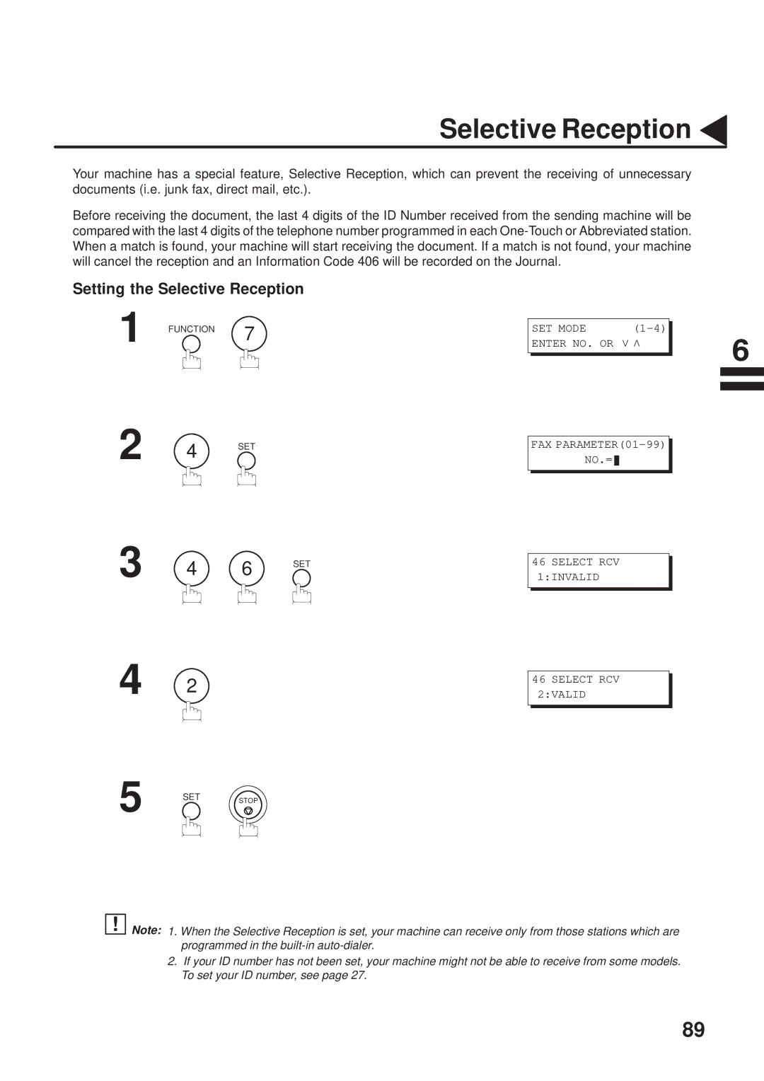 Panasonic UF-333 manual Setting the Selective Reception 