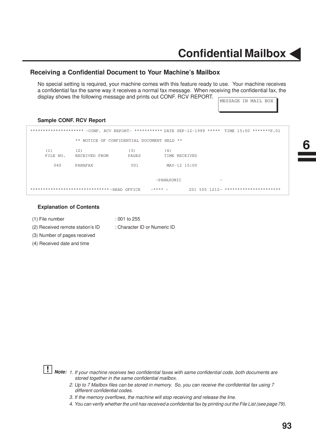 Panasonic UF-333 manual Receiving a Confidential Document to Your Machines Mailbox, Sample CONF. RCV Report 