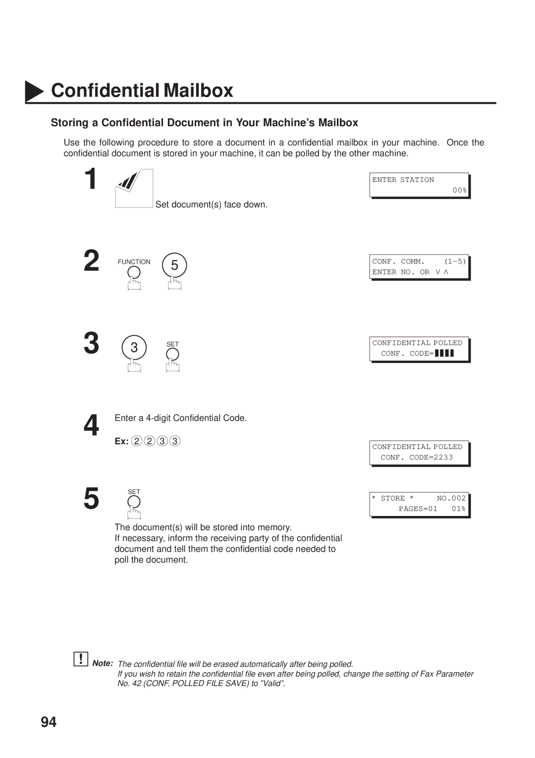 Panasonic UF-333 manual Storing a Confidential Document in Your Machines Mailbox 