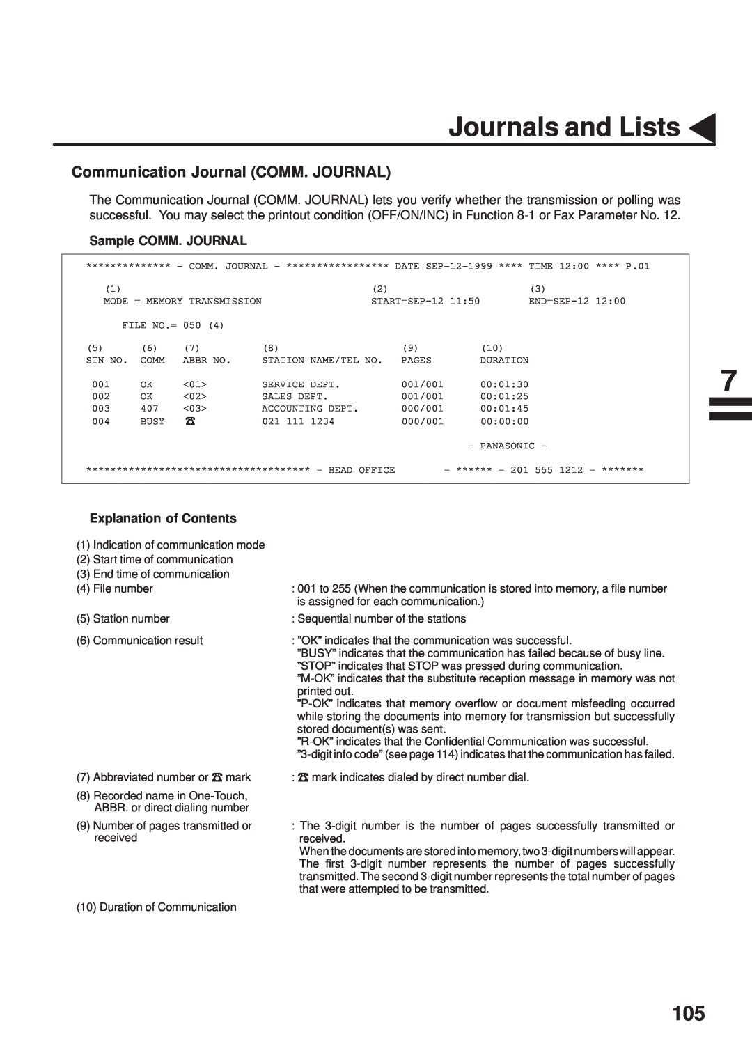 Panasonic UF-333 manual Journals and Lists, Communication Journal COMM. JOURNAL 