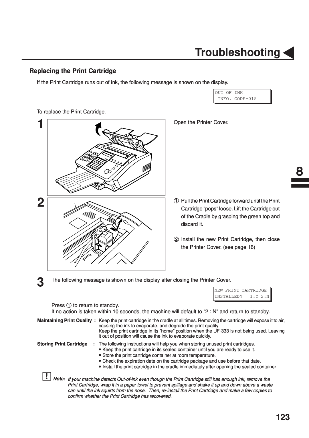 Panasonic UF-333 manual Replacing the Print Cartridge, Troubleshooting 
