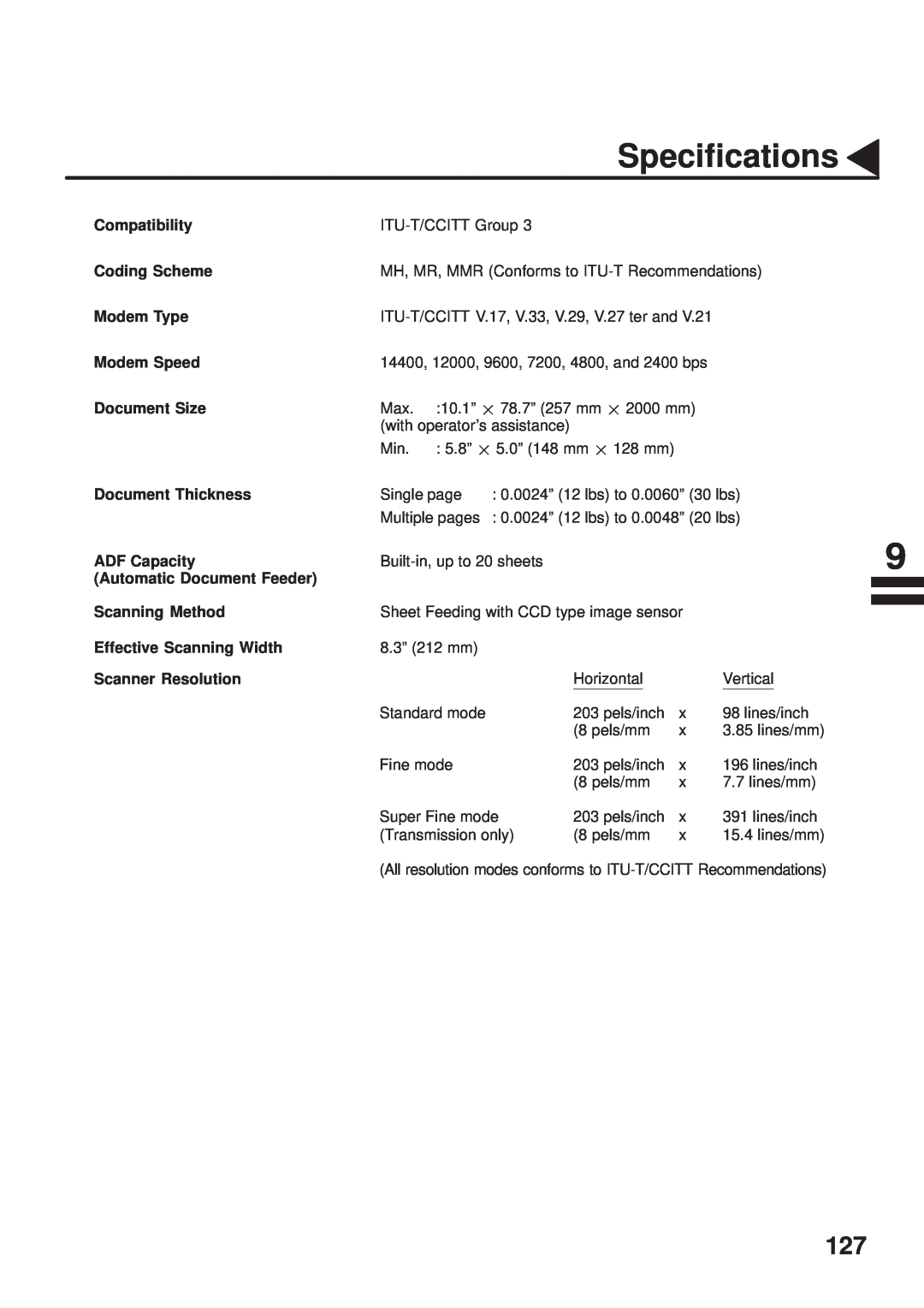 Panasonic UF-333 manual Specifications 