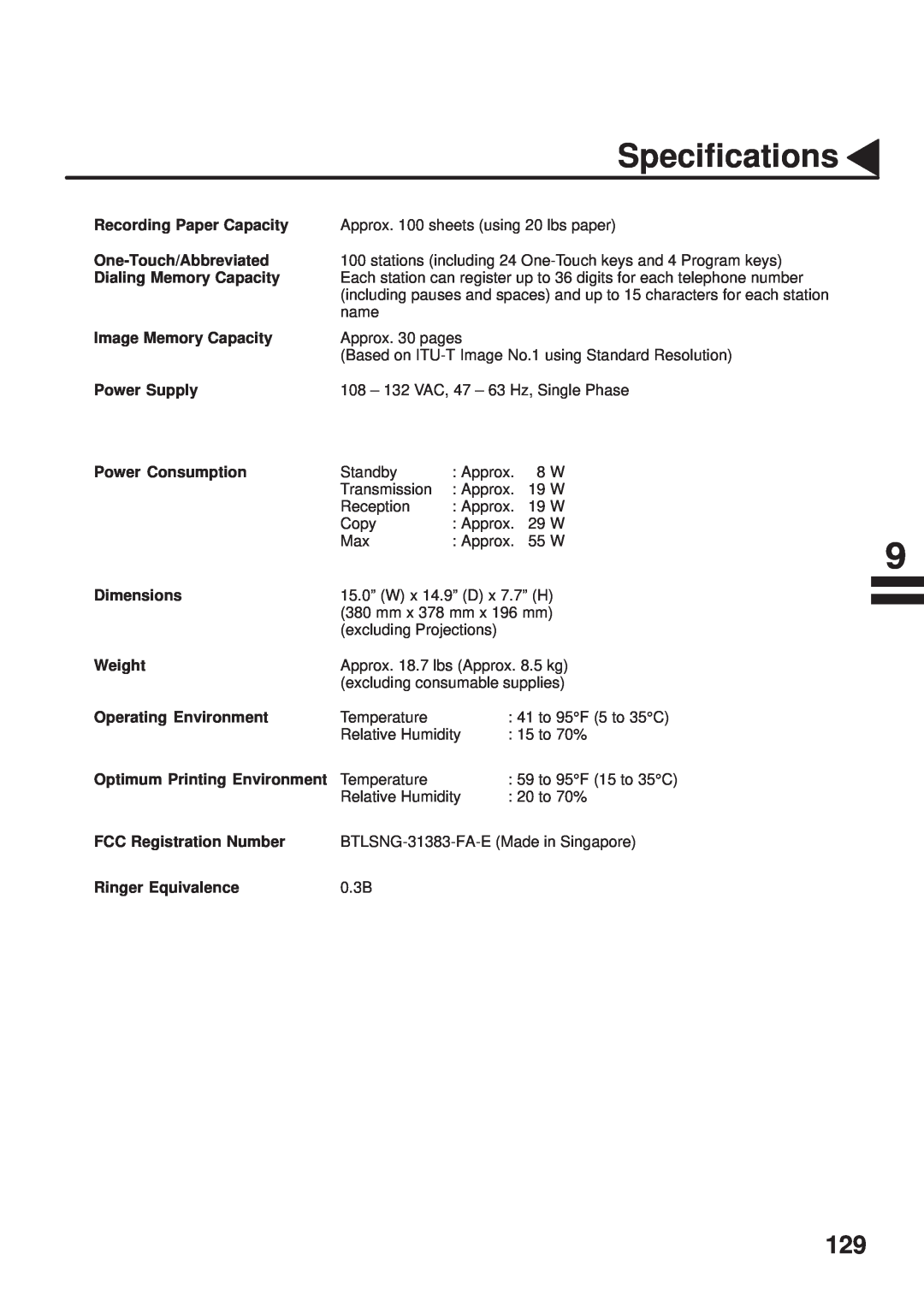 Panasonic UF-333 manual Specifications, Recording Paper Capacity 