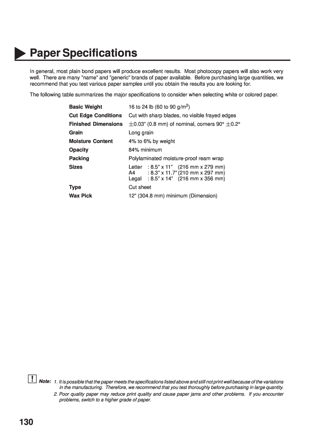 Panasonic UF-333 manual Paper Specifications 