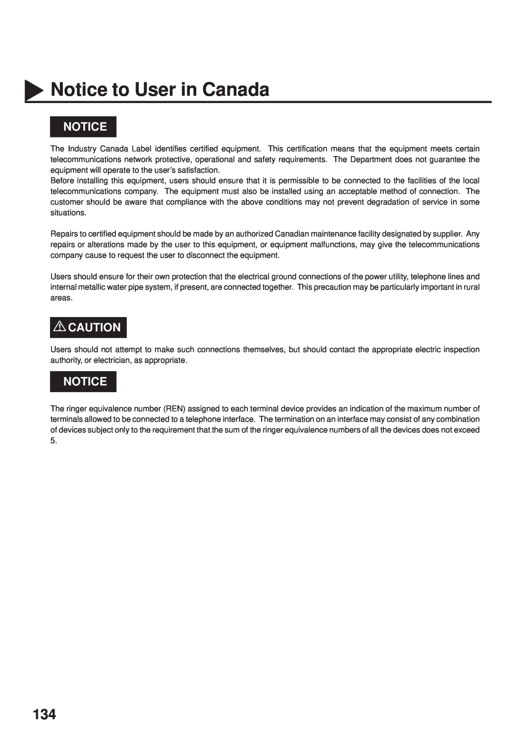 Panasonic UF-333 manual Notice to User in Canada 