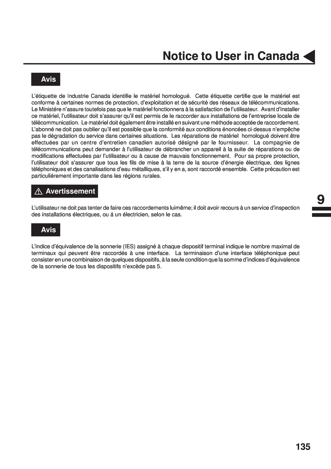 Panasonic UF-333 manual Notice to User in Canada, Avis, Avertissement 