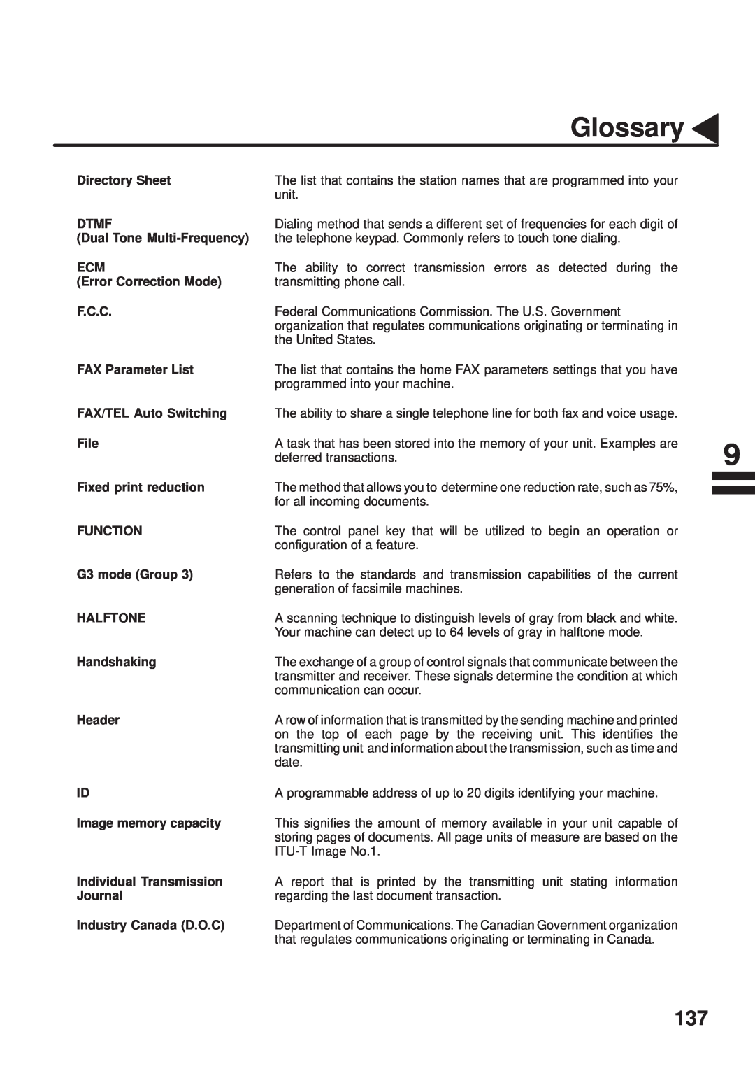 Panasonic UF-333 manual Glossary, Directory Sheet 
